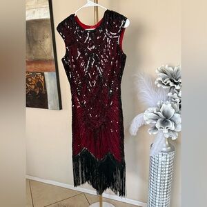 Elegant Black and Red Sequin Fringe Dress